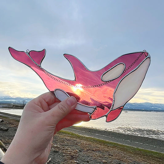 Stained Glass Suncatcher Orca Whale Pink